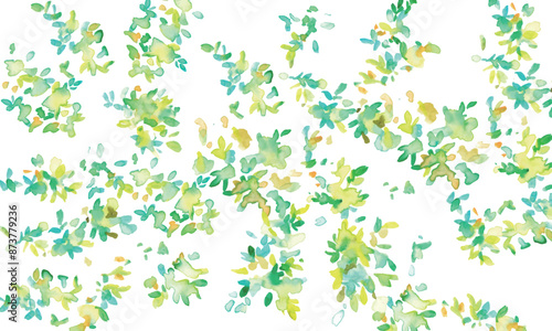  水彩画。水彩タッチの新緑ベクター背景。葉っぱが風に舞う新緑風景。緑の森とエコのイメージ。Watercolor painting. Fresh green vector background with watercolor touch. Fresh green landscape with leaves dancing in the wind. Green forest and ecologica