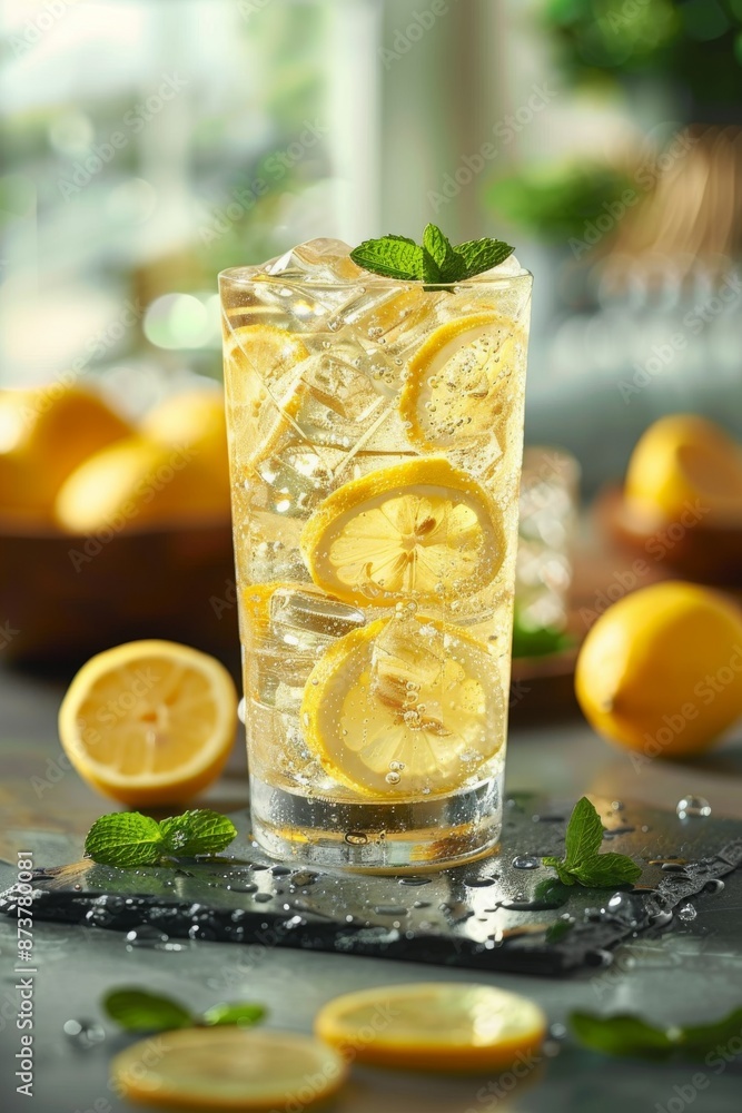 Refreshing Lemonade: A close-up shot of a tall glass of ice-cold lemonade with fresh lemon slices and mint leaves, condensation forming on the outside of the glass. Refreshing Lemonade: A close-up shot of a tall glass of ice-cold lemonade with fresh lemon slices and mint leaves, condensation forming on the outside of the glass.