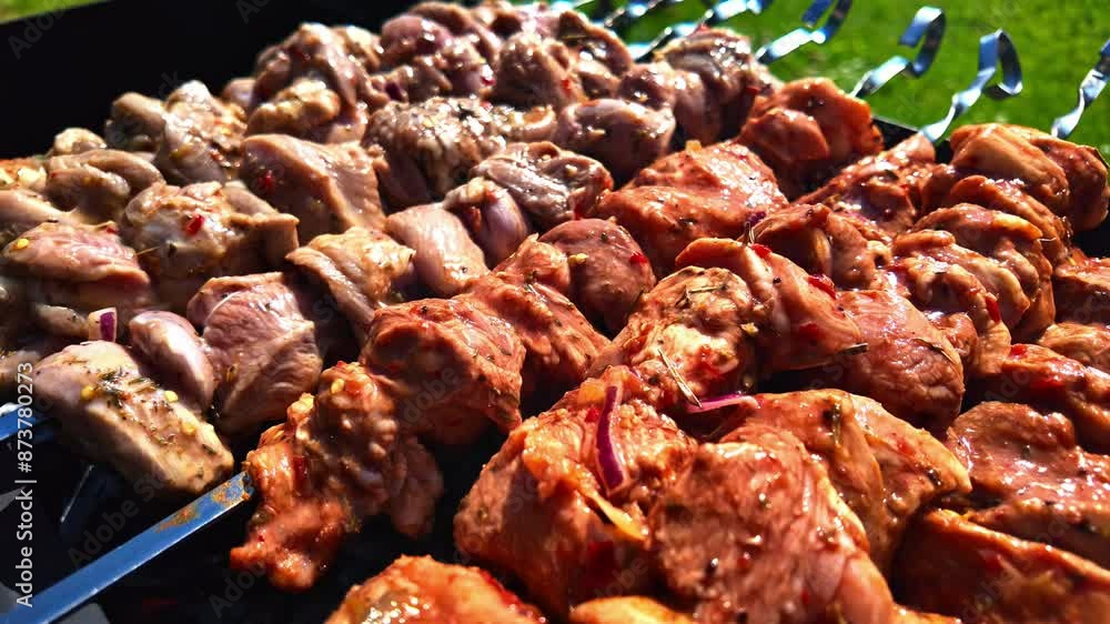 Skewered meat bbq on a sunny day in summer, close up Skewered meat bbq on a sunny day in summer, close up