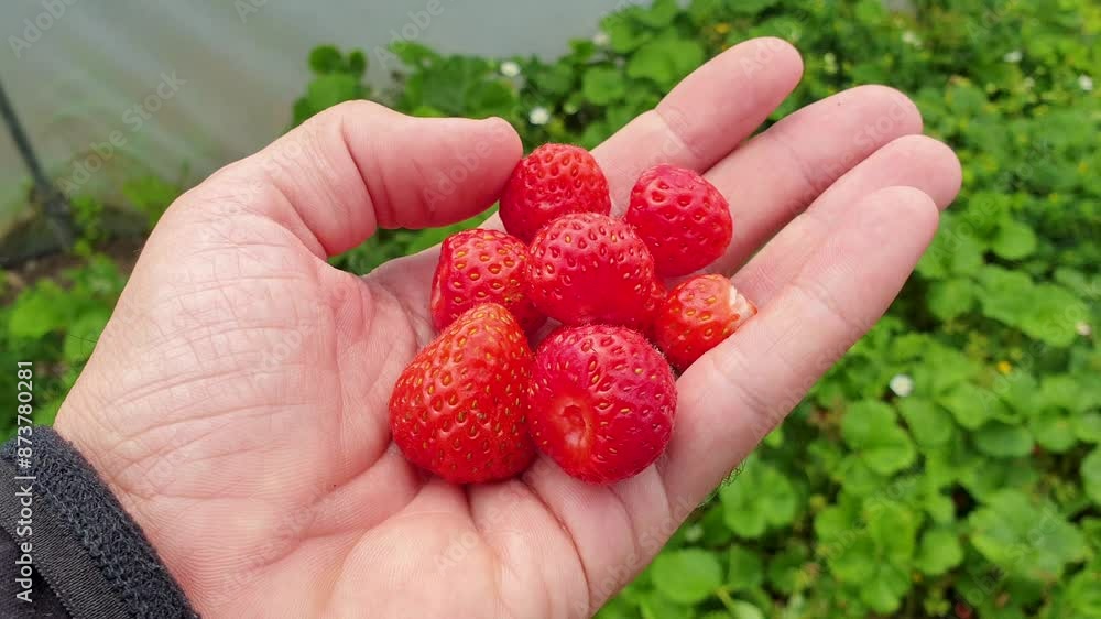Handful of delicious, red and ripe strawberries freshly harvested from fruit and vegetable garden Handful of delicious, red and ripe strawberries freshly harvested from fruit and vegetable garden