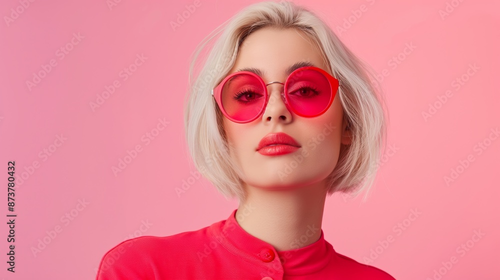 A woman in a red shirt and pink sunglasses. She is wearing red lipstick and has a pink background A woman in a red shirt and pink sunglasses. She is wearing red lipstick and has a pink background