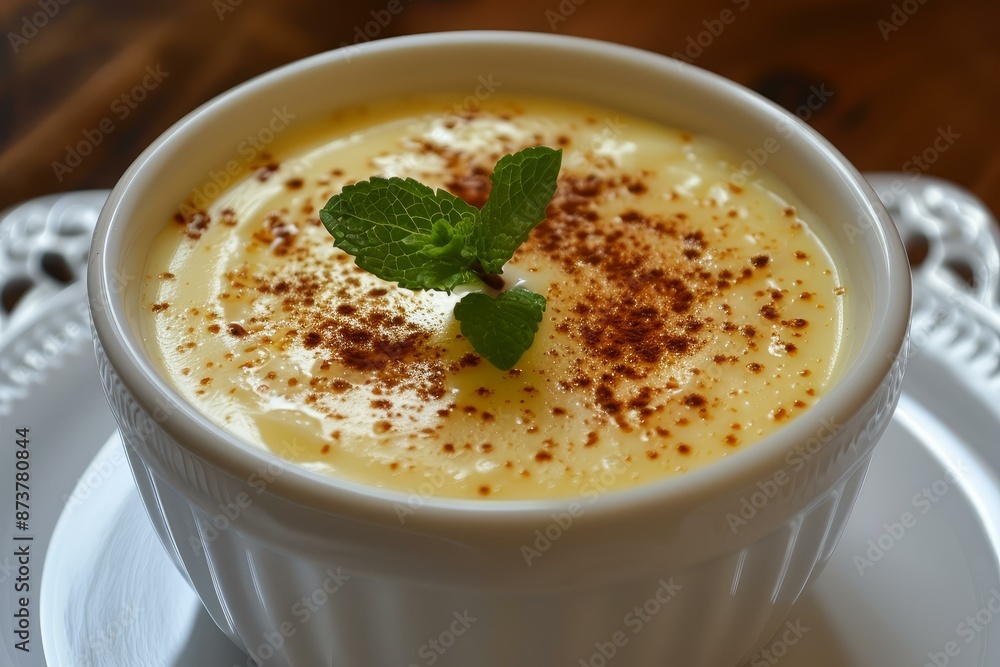 Closeup of a delicious homemade baked custard with a sprinkle of cinnamon and a mint leaf garnish Closeup of a delicious homemade baked custard with a sprinkle of cinnamon and a mint leaf garnish