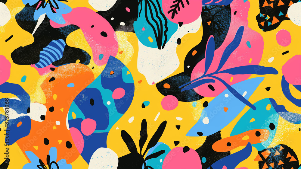 An abstract composition with various, colorful shapes on a luminous background resembles a kaleidoscope full of unexpected combinations. An abstract composition with various, colorful shapes on a luminous background resembles a kaleidoscope full of unexpected combinations.