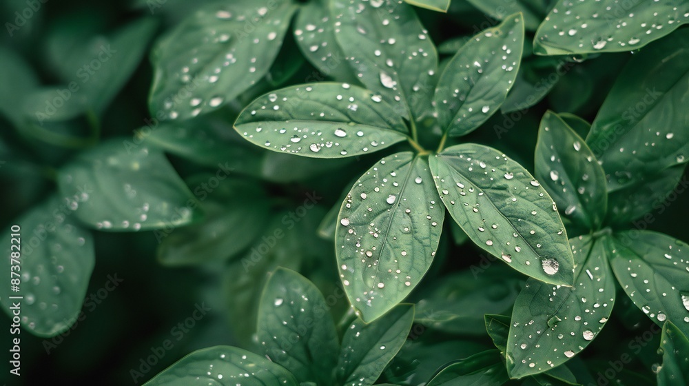 Fototapeta premium Wet flower plant leaves, soft blur background, rain drops, still life photo.