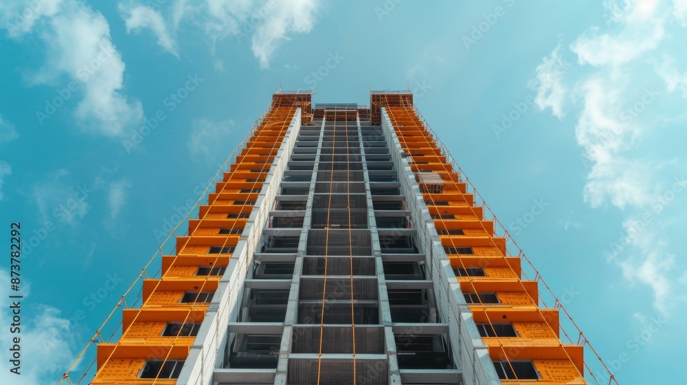 Modern architectural marvel under construction, showcasing innovative design and development, towering edifice with scaffolding, detailed structural elements Modern architectural marvel under construction, showcasing innovative design and development, towering edifice with scaffolding, detailed structural elements