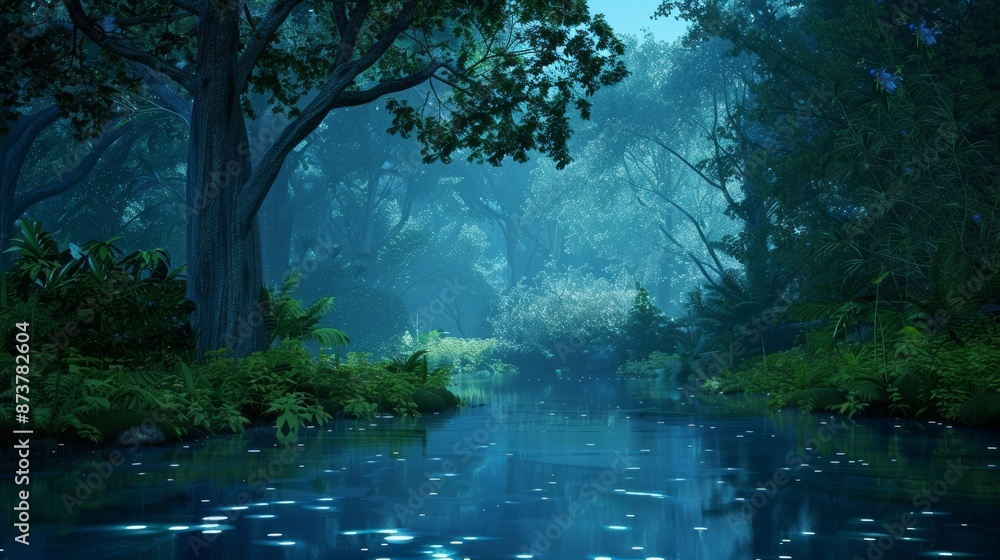 A scene of a bioluminescent rainforest at night where the trees and plants emit a soft glow and mythical creatures like unicorns and fairies gather around a crystalclear pond creating a magical and se A scene of a bioluminescent rainforest at night where the trees and plants emit a soft glow and mythical creatures like unicorns and fairies gather around a crystalclear pond creating a magical and se