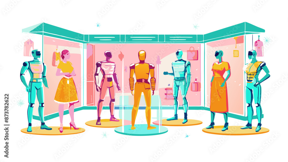 Fototapeta premium Colorful Clothing Store Interior with Fashionable Mannequins Display