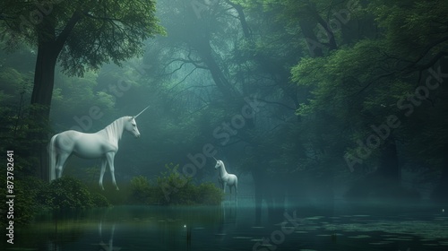 A scene of a bioluminescent rainforest at night where the trees and plants emit a soft glow and mythical creatures like unicorns and fairies gather around a crystalclear pond creating a magical and se photo