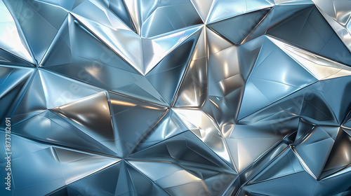 Elegant and futuristic metallic geometric abstract composition featuring a balanced arrangement of silver and chrome polygons and prisms in a technical blueprint inspired aesthetic with an photo