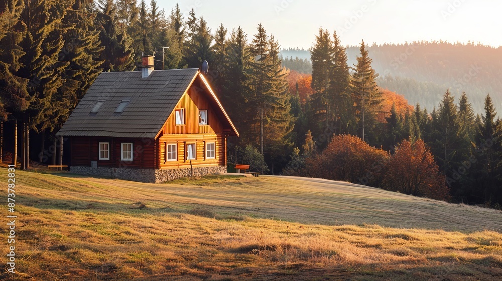 Brown wooden house near autumn trees on hill Brown wooden house near autumn trees on hill