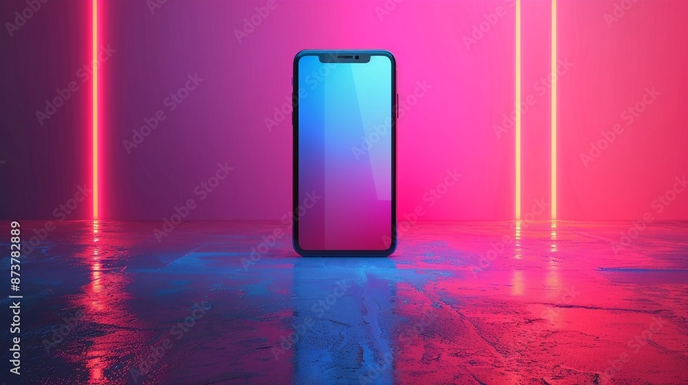 Tech Spotlight: Modern Smartphone with Blank Screen on Neon-Colored Backdrop with Ample Copy Space Tech Spotlight: Modern Smartphone with Blank Screen on Neon-Colored Backdrop with Ample Copy Space