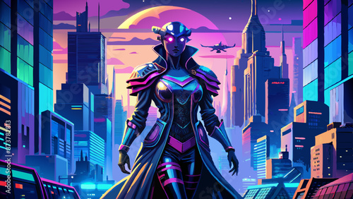Futuristic Cyberpunk Cityscape with Female Warrior at Twilight