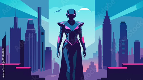 Futuristic Female Cyborg Overlooking Neon Cityscape