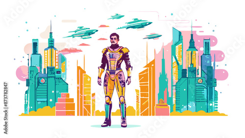Futuristic Cityscape with Cyberpunk Character in Bold Colors