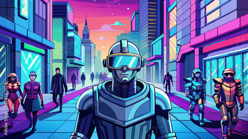 Futuristic Cityscape with Cyborg Patrol at Dusk
