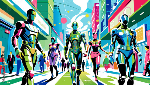 Vibrant Futuristic Cityscape with Robots and Humans Coexisting