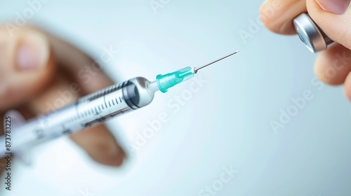 An insulin injection process, hand holding syringe, isolated on white background, diabetes treatment, medical procedure photo