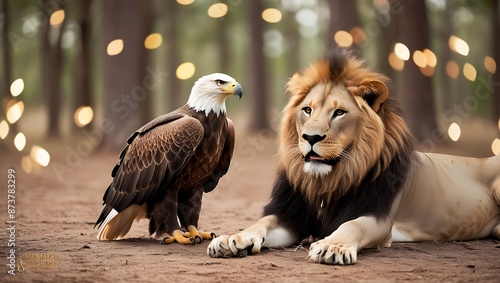 Beautiful lion and eagle in the forest. Wildlife scene from nature. photo