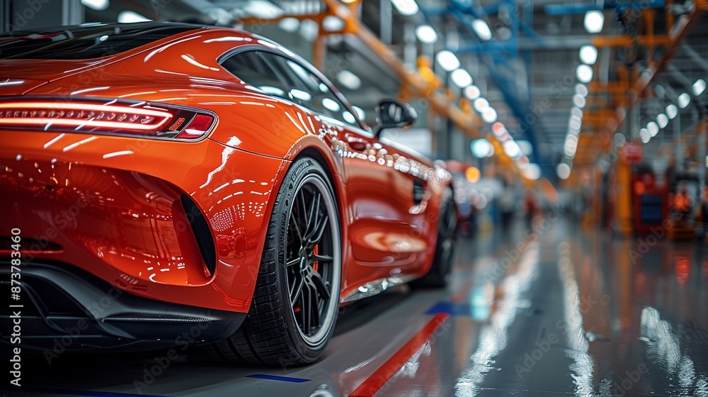 The back of a red shiny luxury car stands in a finished goods warehouse The back of a red shiny luxury car stands in a finished goods warehouse