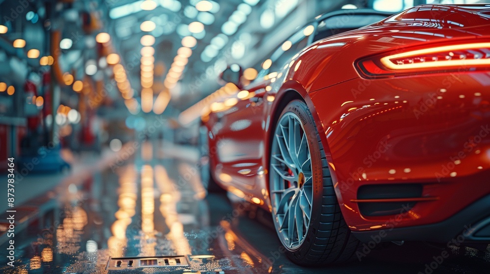 The back of a red shiny luxury car stands in a finished goods warehouse The back of a red shiny luxury car stands in a finished goods warehouse