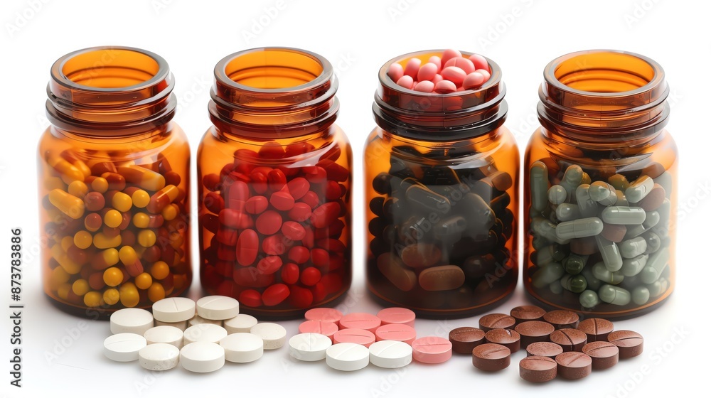 A pills and bottles, isolated on white background, Medication for kidney failure, treatment concept. A pills and bottles, isolated on white background, Medication for kidney failure, treatment concept.