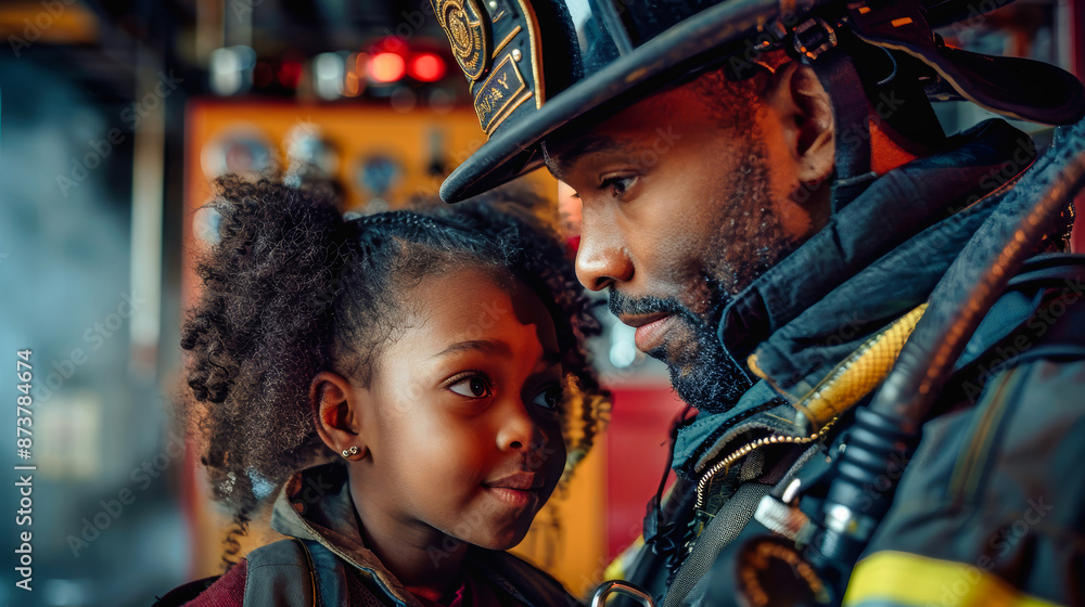 Obraz premium A firefighter, wearing his uniform, looks down at a young girl with a gentle expression