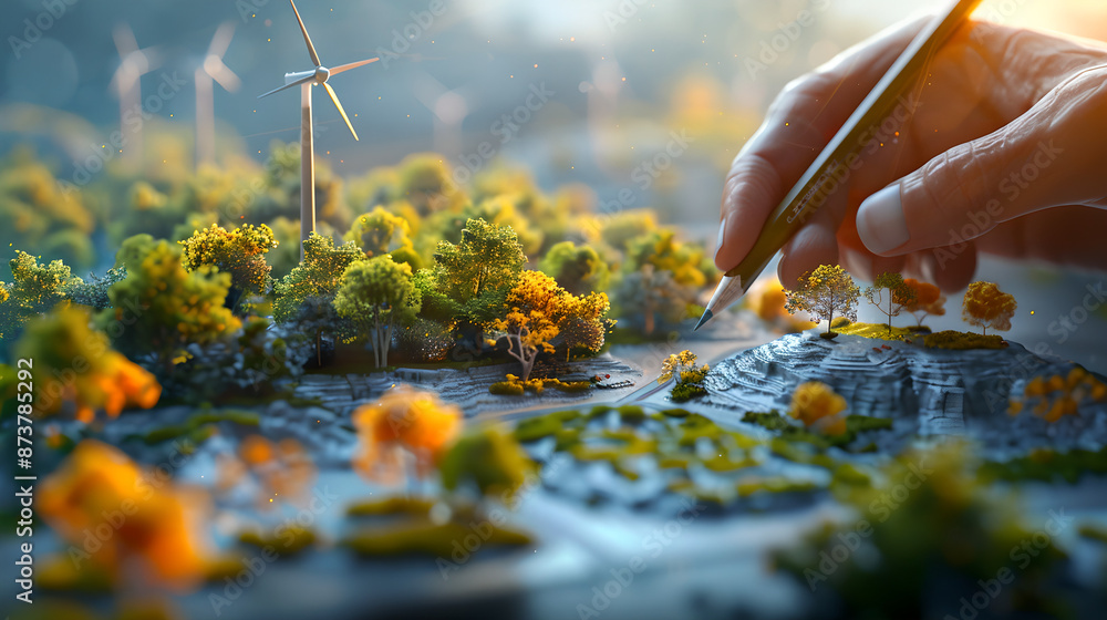 Fototapeta premium Detailed and vibrant digital artwork showcasing a close-up of a hand holding a pencil, working on an architectural drawing or landscape plan. The foreground is filled with miniature, meticulously deta