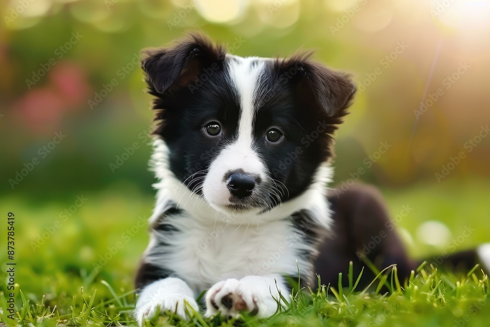 Cute black and white border collie pup lies on grass with a serene expression Cute black and white border collie pup lies on grass with a serene expression