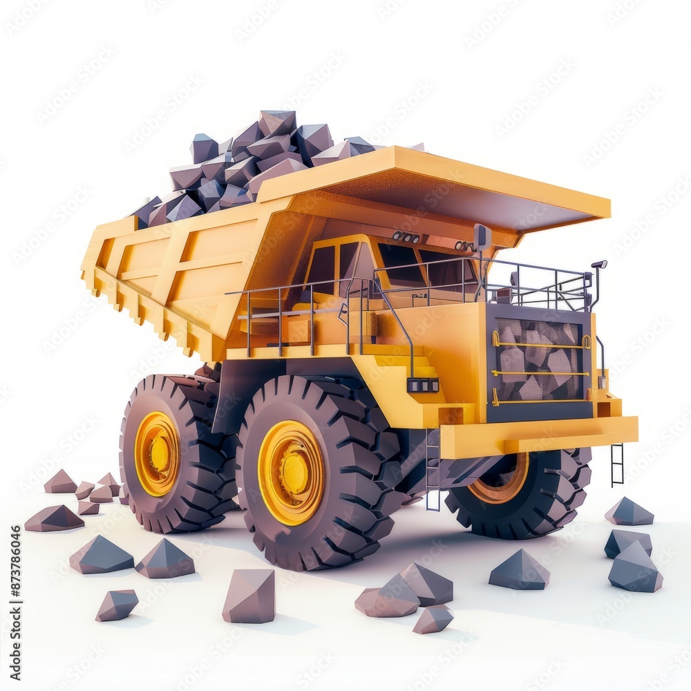 3D Render of a Low Poly dump truck loaded with rocks, on isolated white background, Generative AI 3D Render of a Low Poly dump truck loaded with rocks, on isolated white background, Generative AI