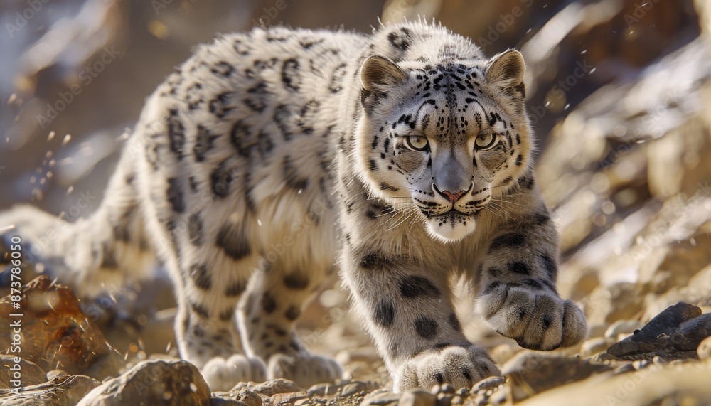 Obraz premium Snow leopard prowling through a rocky mountain terrain animal elusive and majestic