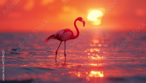 Flamingo standing in shallow water with a vivid sunset, animal, elegant and vibrant