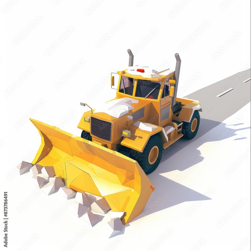 Naklejka premium 3D Render of a Low Poly snow plow clearing a road, on isolated white background, Generative AI