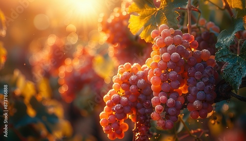 Sunset Vineyard with Dewy Grapes