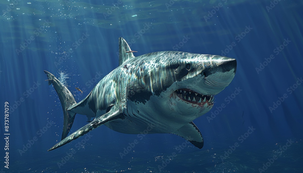 Naklejka premium Great white shark gliding through deep blue waters, animal, powerful