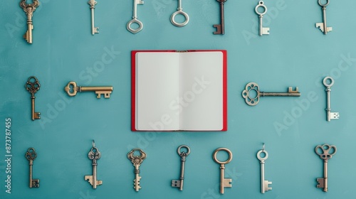 An abstract composition featuring multiple keys of different sizes and designs arranged around an open book, symbolizing the diversity of paths one can take in the pursuit of knowledge.
