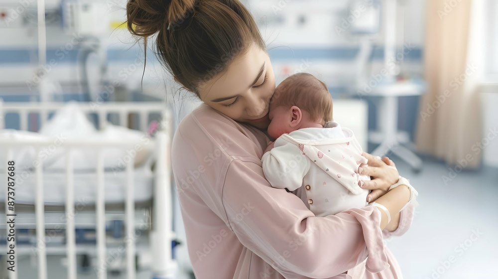 a mother hugs her newborn baby tenderly, in a clean and modern hospital room a mother hugs her newborn baby tenderly, in a clean and modern hospital room