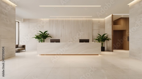 A modern hotel lobby with elegant reception desk, digital booking kiosks, and a welcoming concierge. Guests checking in, minimalist design, warm lighting