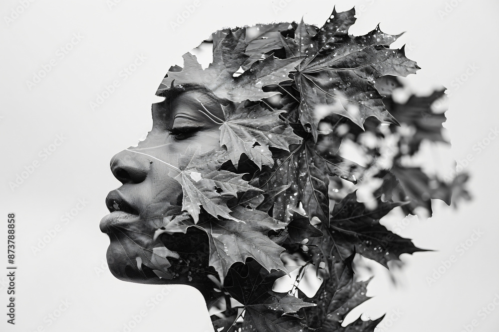 Abstract portrait of woman made from leaves and plant elements, with black ink on white background. double exposure photography, 2d drawing, highly detailed, hyper realistic, ultra-detailed, ultra hig Abstract portrait of woman made from leaves and plant elements, with black ink on white background. double exposure photography, 2d drawing, highly detailed, hyper realistic, ultra-detailed, ultra hig