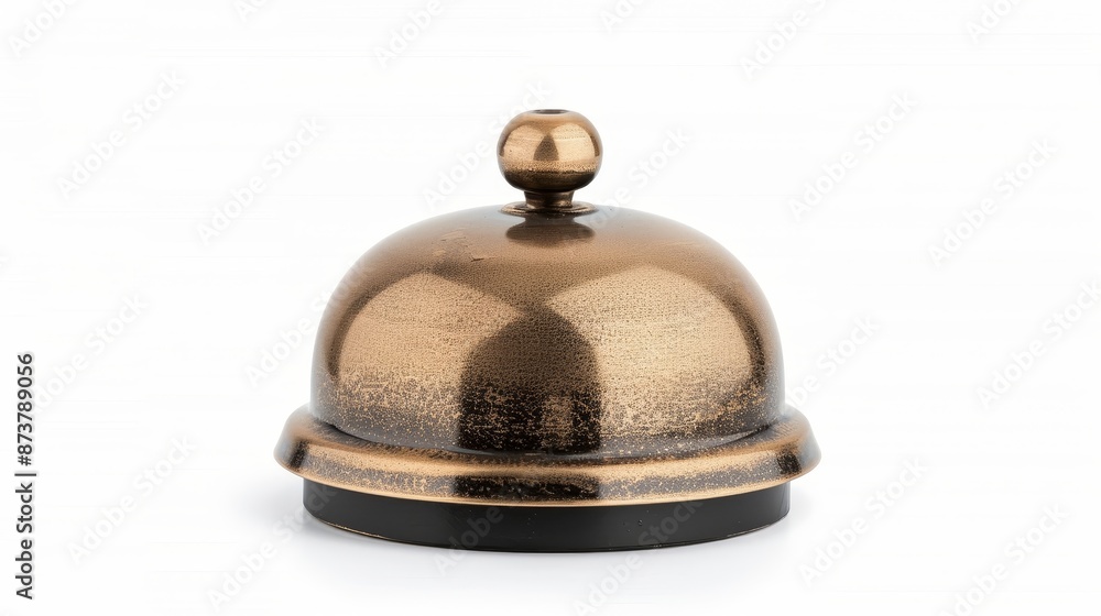 Classic hotel service bell, antique brass, isolated on white, fine detail and high resolution, soft shadow underneath