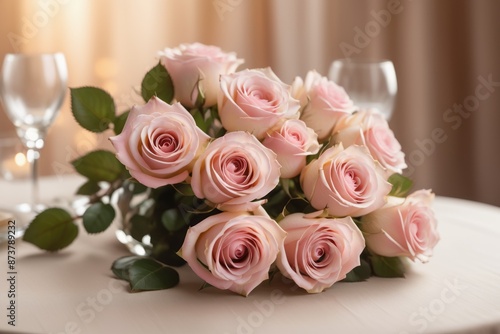 A beautiful bouquet of pink roses fills a glass vase ready to add a romantic touch to any table