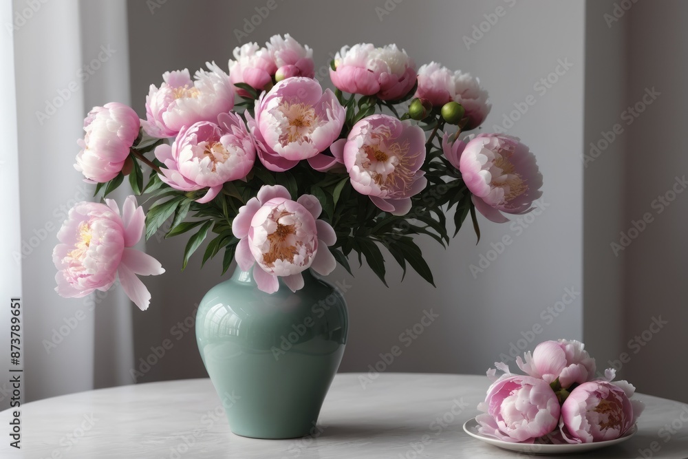 A beautiful pink peony bouquet in a crystal vase a touch of summer blossoming indoors A beautiful pink peony bouquet in a crystal vase a touch of summer blossoming indoors