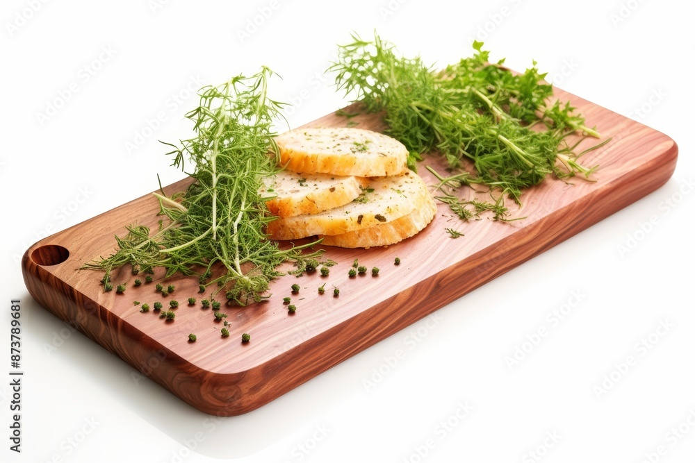 Bread slices, herbs, and pepper grains on cutting board, isolated on white background