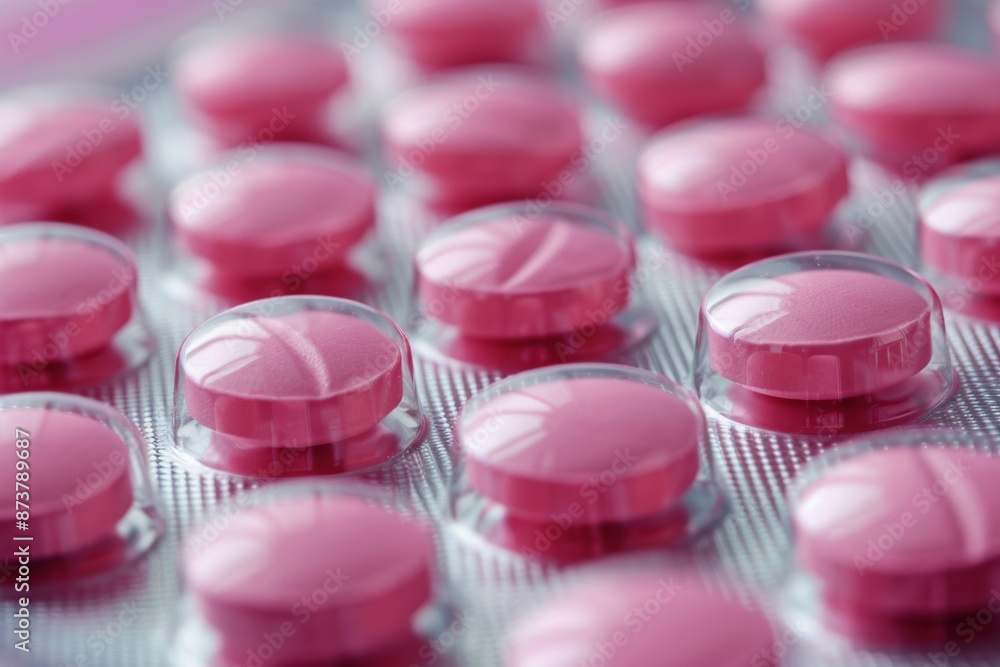 Close-up of plastic container filled with pink pills neatly arranged and ready to use. Close-up of plastic container filled with pink pills neatly arranged and ready to use.