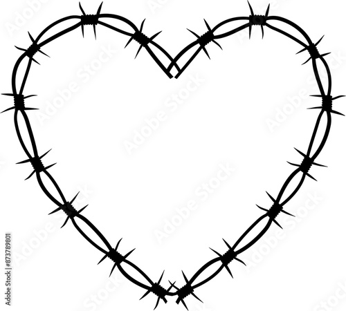 Barbed wire twisted ring y2k, round border tattoo, gothic textured steel frame, spiky oval barrier, silhouette isolated on white background. 