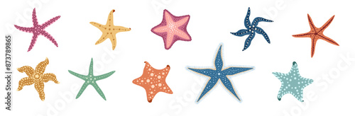 Set of cartoon starfish on a white background. Vector illustration of sea animals in doodle style. Suitable for decoration, sticker design
