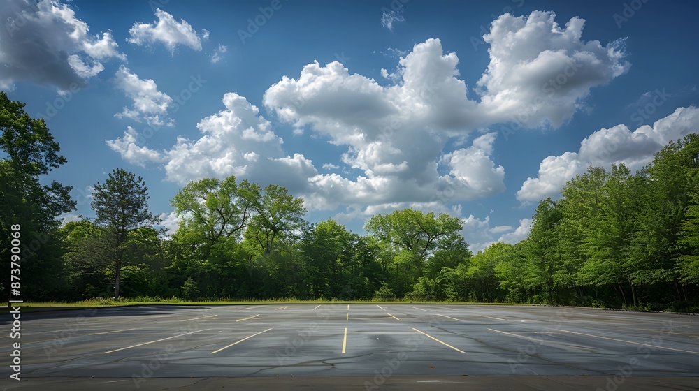 outdoor empty space parking lot with trees and cloudy sky. outside parking lot in a park. outdoor empty space parking lot with trees and cloudy sky. outside parking lot in a park.