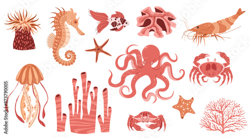 Hand drawn sea creatures in flat doodle style. Ocean inhabitants on an isolated background. Suitable for sticker, design, decoration.