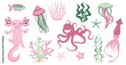 Hand drawn sea creatures in flat doodle style. Ocean inhabitants on an isolated background. Suitable for sticker, design, decoration.