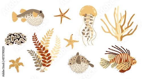 Hand drawn ocean creatures in flat doodle style. sea creatures on isolated background. Suitable for stickers, design, decoration.