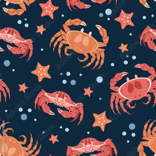 Seamless pattern with cartoon crab. Background with sea animal, seaweed in flat style. Suitable for decoration, design, stickers